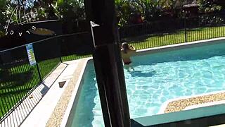 aubrey black milf sucks landlord's monster cock deepthroat poolside to pay overdue rent