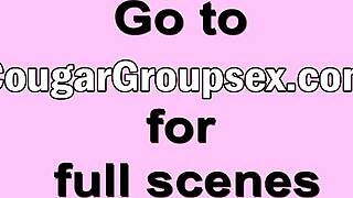 Blonde milf with huge tits joins brunette cougar in wild four-way doggystyle pounding by monster cocks