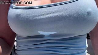 artemisia's hard nipples poke through thin top as she struts braless outdoors horny milf begging for it