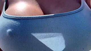 artemisia's hard nipples poke through thin top as she struts braless outdoors horny milf begging for it