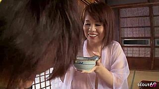 Boy charms japanese stepmom's saggy huge naturals into raw uncensored creampie ride
