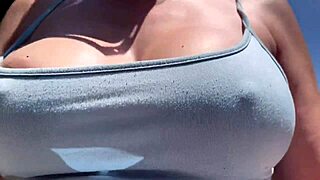 artemisia's hard nipples poke through thin top as she struts braless outdoors horny milf begging for it