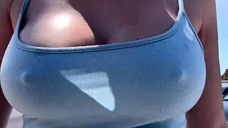 artemisia's hard nipples poke through thin top as she struts braless outdoors horny milf begging for it