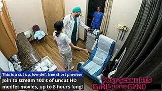 Curly tanned patient genesis spreads shaved pussy for humiliating nurse gyno exam close-up