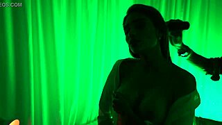 Yaira gropes her big tits and pussy while brushing hair around house?