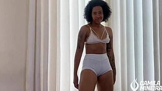 Latina pornstar teases her cameltoe in tight shorts then JOI on that monster cock till it explodes