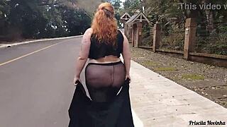 Priscila parades streets in see-through skirt sans panties