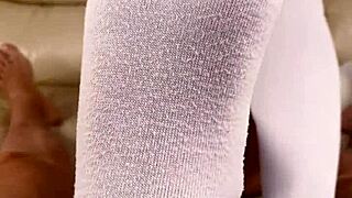 cutie in socks gives footjob and sockjob till huge cum explosion