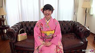 Japanese Geisha Teen Seduces with Hairy Pussy in Uncensored First-Time Casting