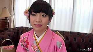Japanese Geisha Teen Seduces with Hairy Pussy in Uncensored First-Time Casting
