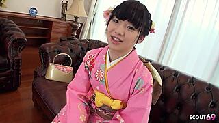 Japanese Geisha Teen Seduces with Hairy Pussy in Uncensored First-Time Casting