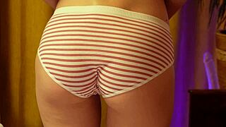 Curvy blonde teen with small waist dances moaning in strawberry panties hugging her round ass solo