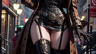 ai steampunk babe in latex costume flashes her pussy outdoors publicly