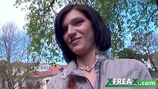 ukrainian brunette lina arian with blue eyes and natural tits in stockings gets spanked kissed then gangbanged hard by three guys