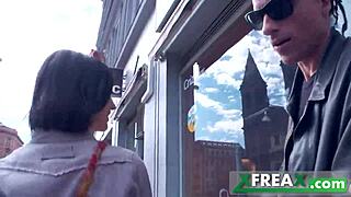 ukrainian brunette lina arian with blue eyes and natural tits in stockings gets spanked kissed then gangbanged hard by three guys