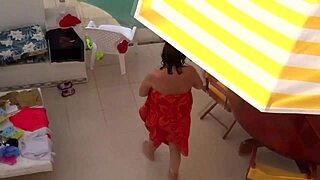 beach stepmom fingers hairy pussy for stepson cumshot!