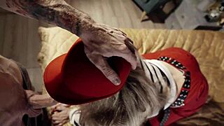 Hot Blonde Shakes Tits in Red Hat During Sex