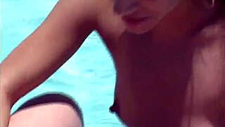 two bikini teens lick shaved pussies poolside face sitting fun