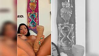 oriental teen vip masturbates with huge dildo in lingerie