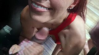 submissive wife sucks huge interracial cock swallows every drop in cuckold flashing fetish