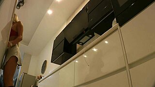 big boobs blonde housewife strips skirt no panties kitchen tease