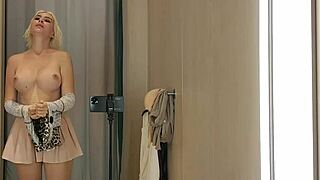 blonde's see-through try-on flashes big tits naked in mall changing room?