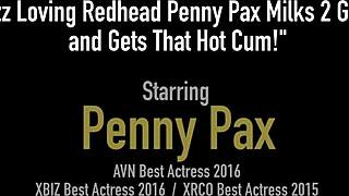 Jizz-loving redhead Penny Pax milks two guys deepthroat double penetration heels stockings