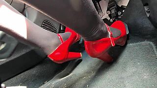 WATCH REDHEAD HEELS SLUT PEDAL PUMP NYLONS IN CAR ON HIDDEN CAM TO OFFICE!