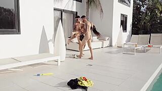 Hey, ever wondered how our neighbor took BOTH OUR COCKS deep in her TIGHT PUSSY at the pool - Nuria Millan?