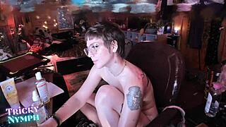 horny short hair milf masturbates pussy with vibrator licks tits cums hard