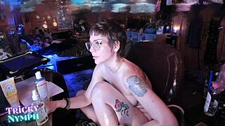 horny short hair milf masturbates pussy with vibrator licks tits cums hard