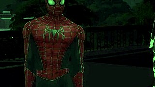 Spider-Man in cosplay with Black Cat in a comic scene