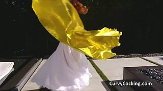 Who ends her belly dance impaled on massive cock?