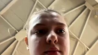 Blonde BBW teen risks orgasmic fucking in crowded gym with big natural tits bouncing wildly