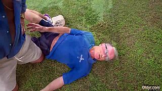 two grandpas bang young blonde 18+ outdoors lick pussy lips