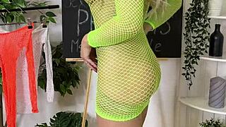 Curvy mature teacher in fishnets and heels teases with see-through lingerie fetish