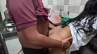 college student rides teacher's big cock cowgirl in kitchen creampie