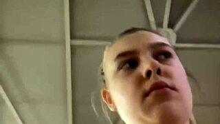 Blonde BBW teen risks orgasmic fucking in crowded gym with big natural tits bouncing wildly
