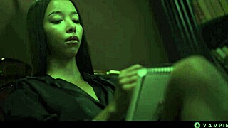 Ebony vampire mistress Lia Lin dominates mesmerized lesbian Latina slave with facesitting scissoring hardcore