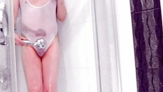 Eronekokun jerks with anal toy in see-through swimsuit shower