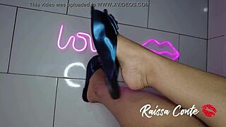 Check out Steirinha's oiled blue flip flop footjob making cock cum