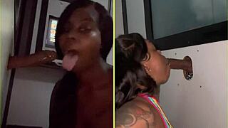 Ebony babe sucks stranger cocks at gloryhole in sloppy blowbang frenzy