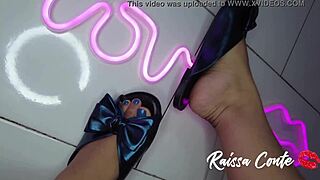 Check out Steirinha's oiled blue flip flop footjob making cock cum