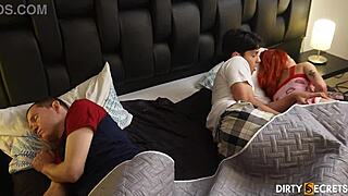Petite Redhead Stepsister Fucked Next to Stepfather in Bedroom on Bed