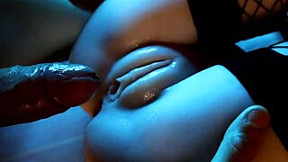 sweet pussy in black stockings rides huge cock machine to squirting orgasm