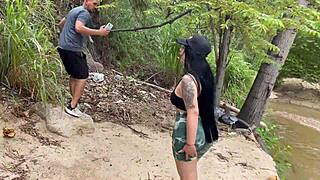 curvy colombian antonella jones bends for stranger's huge cock outdoors then swallows cum