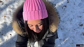Stranger creampies pretty teen pussy deep in snowy forest ride