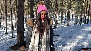 Stranger creampies pretty teen pussy deep in snowy forest ride