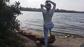 i dragged this beautiful blonde slut to the river made her suck my monster cock lick balls then swallow my full cum load