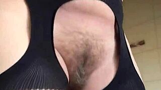 Damn hairy milf hits the gym in fishnets for her wild fetish workout 😏💦